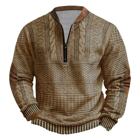 Agkizg Men Long Sleeve Shirts,Mens Casual Shirts,Men's Long Sleeve Crewneck Vintage Knitted Print Top Half Zip Casual Fall Winter Tops