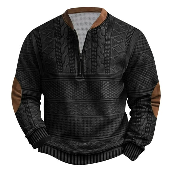 Agkizg Men Long Sleeve Shirts,Mens Casual Shirts,Men's Long Sleeve Crewneck Vintage Knitted Print Top Half Zip Casual Fall Winter Tops