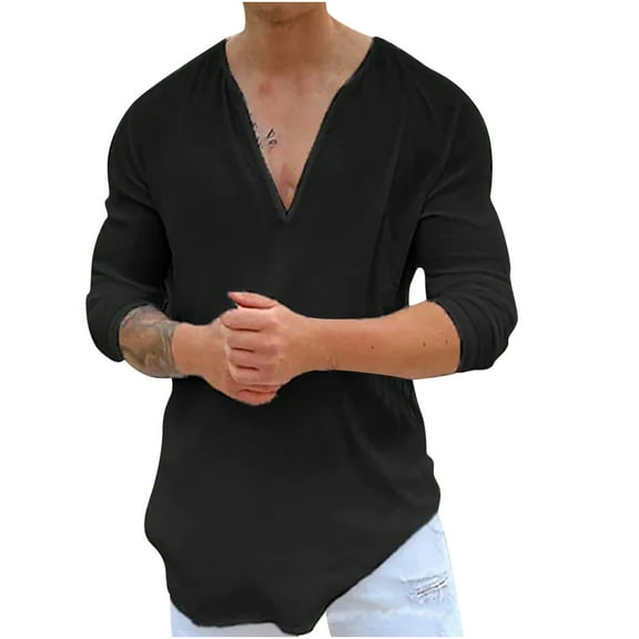 Agkizg Men Long Sleeve Shirts,Mens Casual Shirts,Men's Shirt Cottons Linen V-Neck Pullover Long Sleeve Casual for Fall Winter Daily Tops