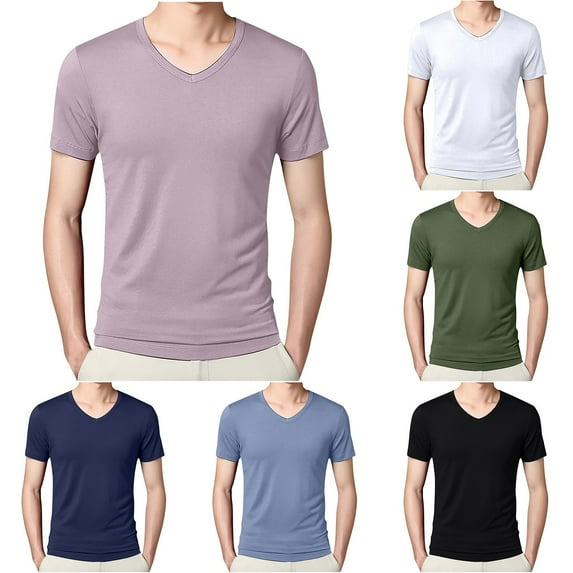 Agkizg Men Summer Shirts Solid Color Short Sleeve V Neck Tops Cropped Length Loose Fitting Outdoor Casual Wear