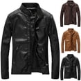 thumbnail image 1 of Agkizg Men's Fall Winter Leather Jackets, Stand Collar Zip Up Leather Motorcycle Jacket, Long Sleeve Non-Hood Biker Outer Coat, 1 of 6