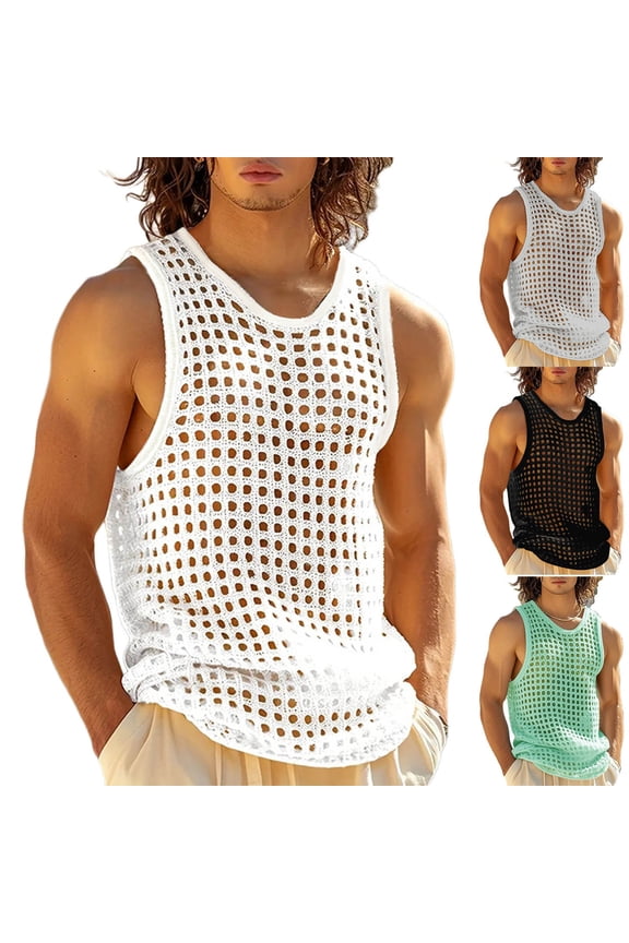 Men's Knit Tank Top Mesh Hollow Out V Neck Sleeveless Breathable Gym Fitness Top
