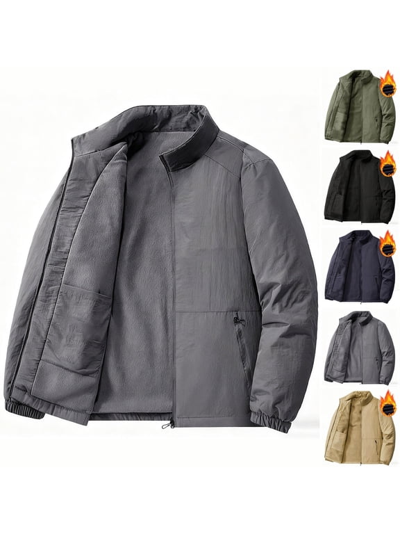 Men's Winter Fleece Jackets, Casual Solid Stand Collar Zip Up Fleece Lined Jacket, Pocket Long Sleeve Non-Hood Coat