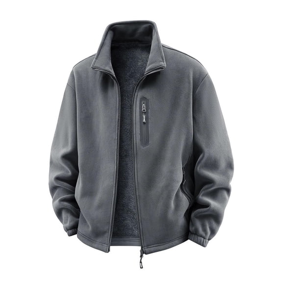 Agkizg Men's Winter Fleece Jackets, Solid Lapel Fleece Lined Windproof Jacket Long Sleeve Zip Pockets Outdoor Hiking Casual Outerwear