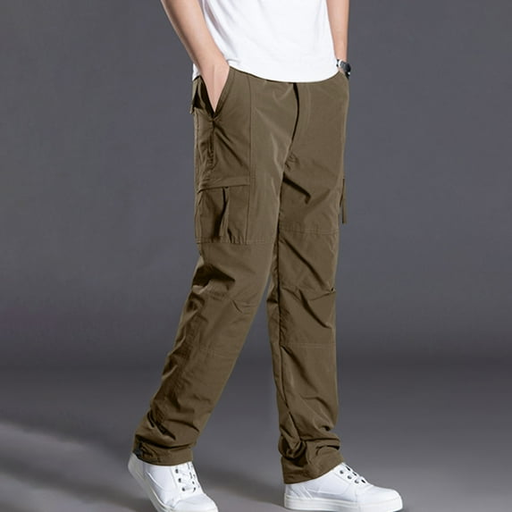 Agkizg Men's Winter Fleece Lined Pants,Men's Fall Winter Solid Color Fleece Lined Warm Pants Elastic Waist Cargo with Buttons Multiple Pockets Casual Daily Wear Pants
