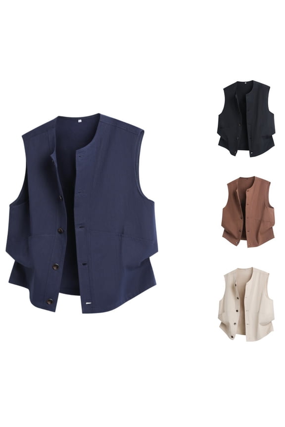 Mens Work Vests Solid Color Crew Neck Button Pocket Sleeveless Casual Jackets