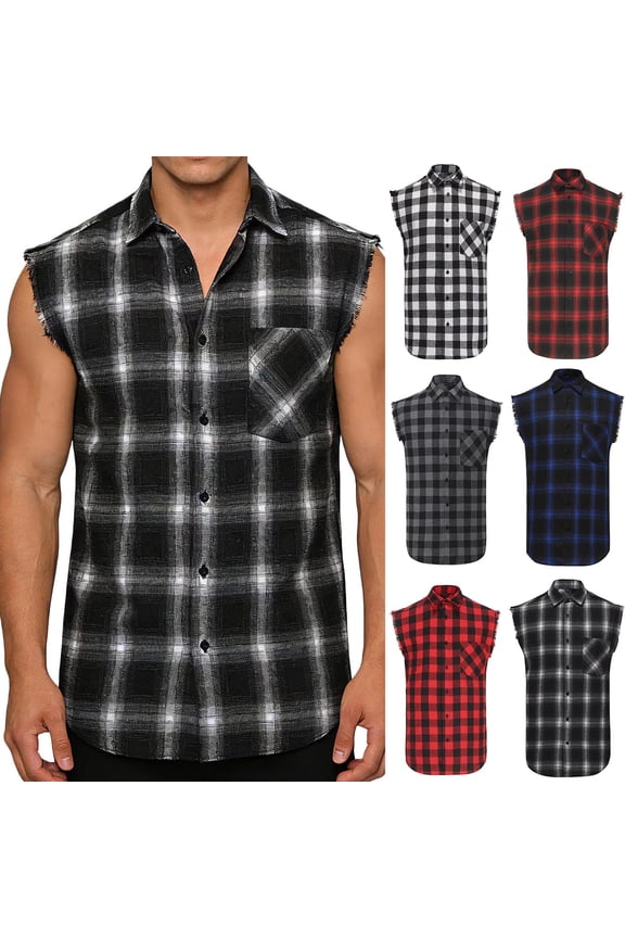 Plaid Shirts Stand Collar Sleeveless Tank Top Button Front with Pocket Tops (Men's)