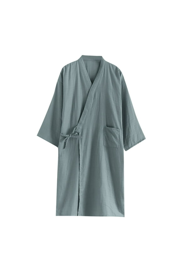 Plus Size Men's Cottons Bathrobe,Long Robes for Men's House Robes,Mens Casual Summer Long Sleeve V-Neck Lightweight Breathable Robe with Straps Pockets Loungewear Home Wear