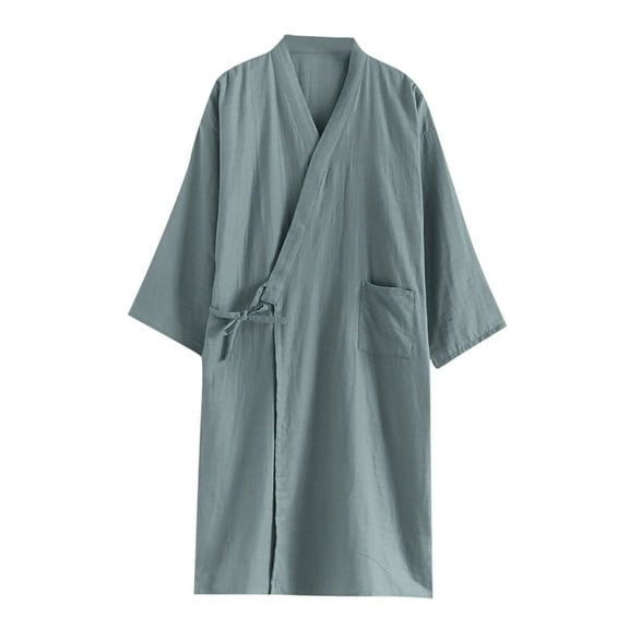 Agkizg Plus Size Men's Cottons Bathrobe,Long Robes for Men's House Robes,Mens Casual Summer Long Sleeve V-Neck Lightweight Breathable Robe with Straps Pockets Loungewear Home Wear