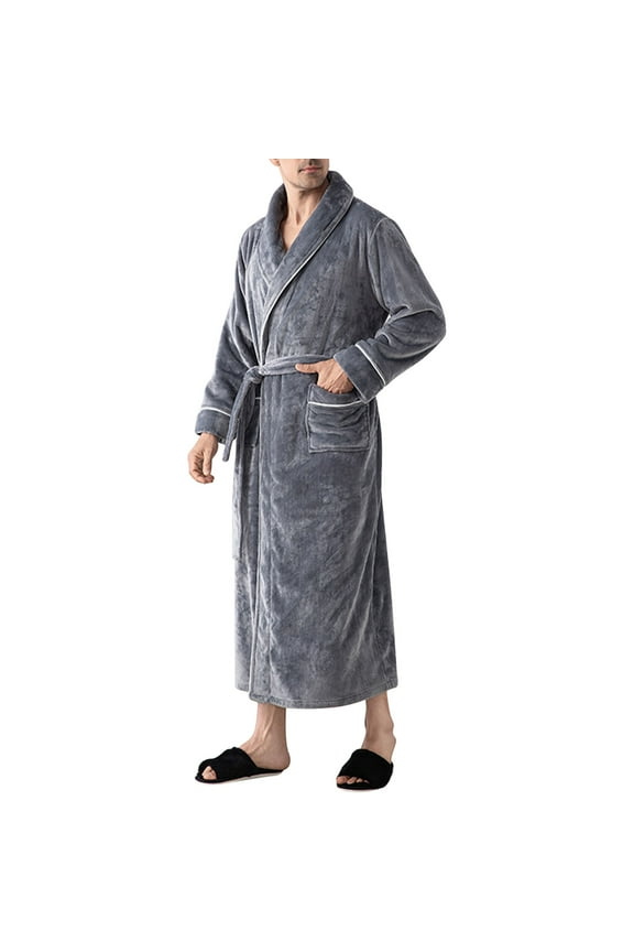 Plus Size Men's Fleece Lined Bathrobe,Long Robes for Men's House Robes,Mens Bathrobe Solid Color Flannel Robe with Straps Plus Size Long Sleeve Long Length Sleepwear Loungewear Home Wear