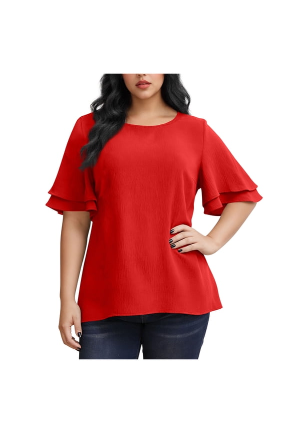 Plus Size Tiered Sleeve Split Hem Shirt, Women's Double Layer Ruffle Blouse, Elegant Casual Round Neck Top, Flowy Summer Tunic with Side Slits
