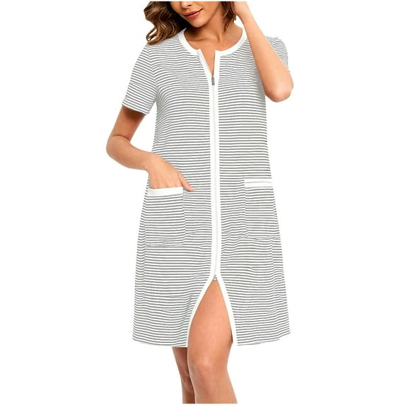 Agkizg Plus Size Women's Cottons Bathrobe,Long Robes for Women's House Robes,Womens Casual Loose Fitting Short Sleeve Striped Print Sleepwear Set Pajamas Robe Nightgown Loungewear Home Wear
