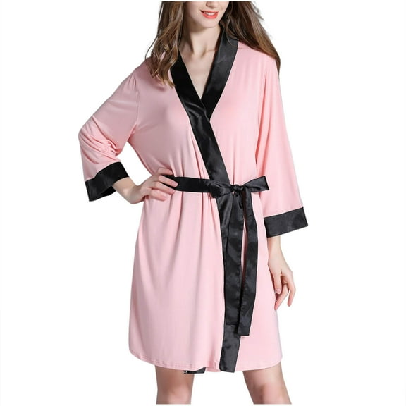 Agkizg Plus Size Women's Cottons Bathrobe,Long Robes for Women's House Robes,Womens Color Block Piping Robe with Straps Cardigan Style Bath Loungewear Home Sleepwear
