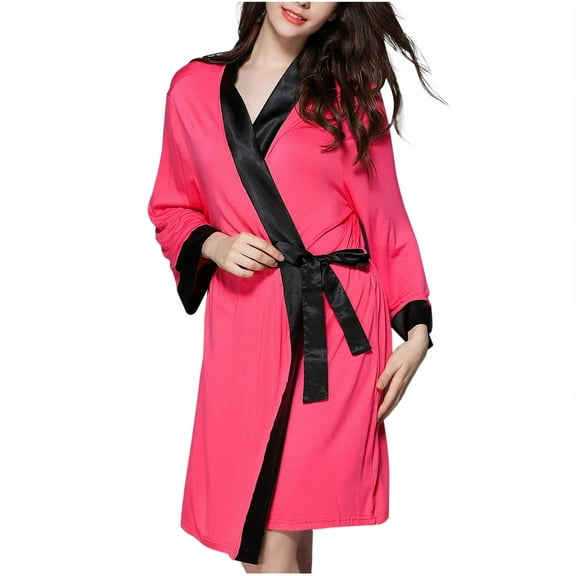 Agkizg Plus Size Women's Cottons Bathrobe,Long Robes for Women's House Robes,Womens Color Block Piping Robe with Straps Cardigan Style Bath Loungewear Home Sleepwear
