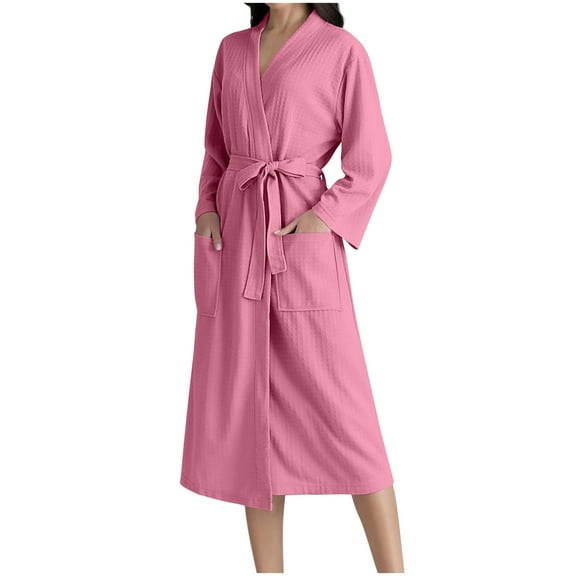 Agkizg Plus Size Women's Cottons Bathrobe,Long Robes for Women's House Robes,Womens Long Sleeve V-Neck Solid Color Cardigan Robe with Waist Tie Bathrobe Sleepwear Loungewear Home Wear