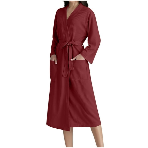 Agkizg Plus Size Women's Cottons Bathrobe,Long Robes for Women's House Robes,Womens Long Sleeve V-Neck Solid Color Cardigan Robe with Waist Tie Bathrobe Sleepwear Loungewear Home Wear