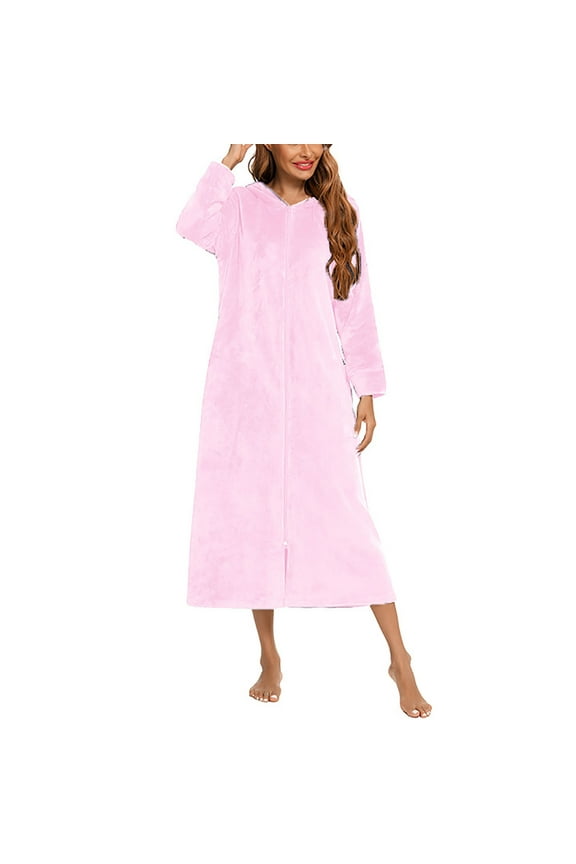 Plus Size Women's Fleece Bathrobe,Long Robes for Women's House Robes,Winter Flannel Robe Long Sleeve Hooded Zip Cardigan Warm Thickened Solid Color Pockets Sleepwear Loungewear Home Wear