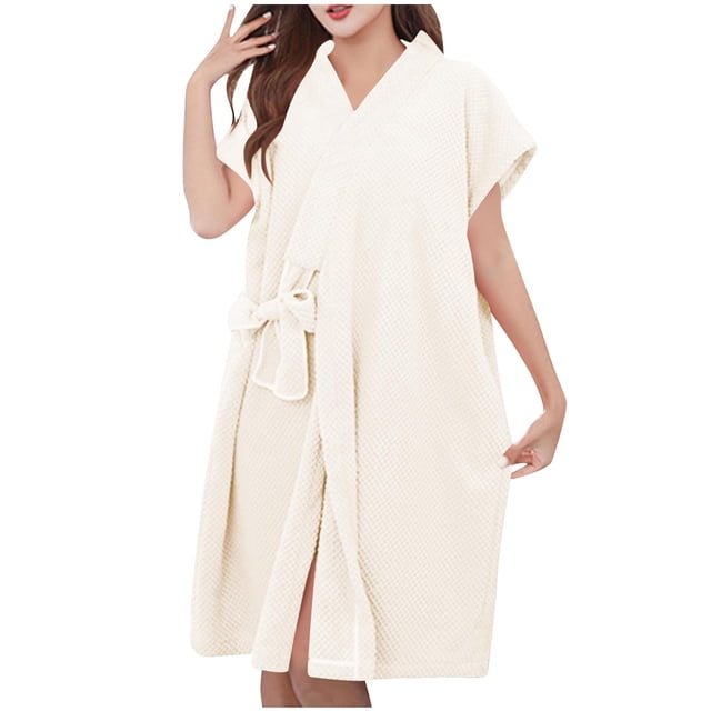 Agkizg Plus Size Women's Fleece Lined Bathrobe,Long Robes for Women's House Robes,Womens Short Sleeve Fleece Robe Tie Waist Bathrobe Quickly Dry Absorbent Solid Color Warm Sleepwear