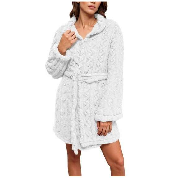 Agkizg Plus Size Women's Fleece Lined Bathrobe,Long Robes for Women's House Robes,Womens Solid Color Plushs Collar Long Sleeve Double Fleece Short Robe with Belt for Winter Loungewear Sleepwear