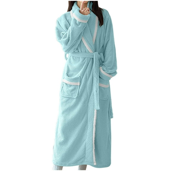 Agkizg Plus Size Women's Fleece Lined Bathrobe,Long Robes for Women's House Robes,Womens Thickened Fleece Color Block Bathrobe Long Robe with Pocket and Tie Sleepwear for Winter