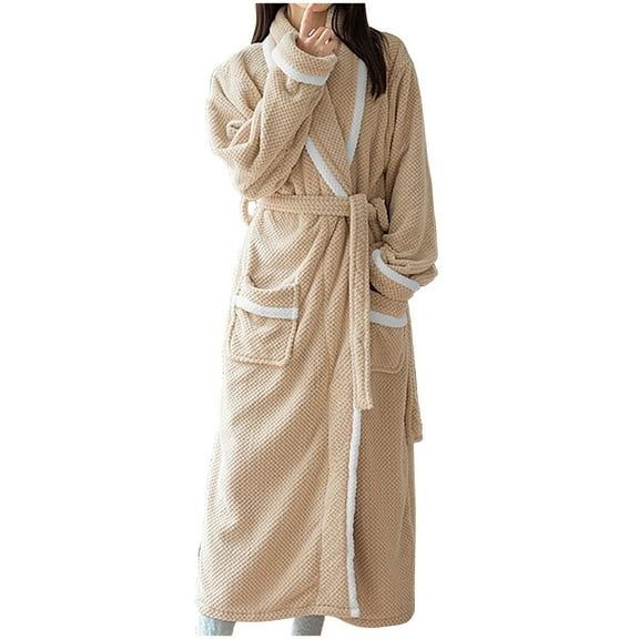 Agkizg Plus Size Women's Fleece Lined Bathrobe,Long Robes for Women's House Robes,Womens Thickened Fleece Color Block Bathrobe Long Robe with Pocket and Tie Sleepwear for Winter