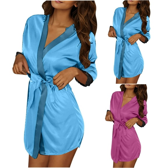 Agkizg Plus Size Women's Silk Satin Bathrobe,Long Robes for Women's House Robes,Womens 3PC Lightweight Bathrobe and Nightgown Set Silk Sleepwear Loungewear Robe Home Wear