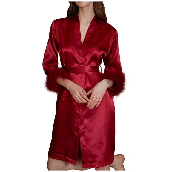 Agkizg Plus Size Women's Silk Satin Bathrobe,Long Robes for Women's House Robes,Womens Casual Feathers Silk Robe 3/4 Sleeve Bathrobe Morning Gown Loungewear Sleepwear