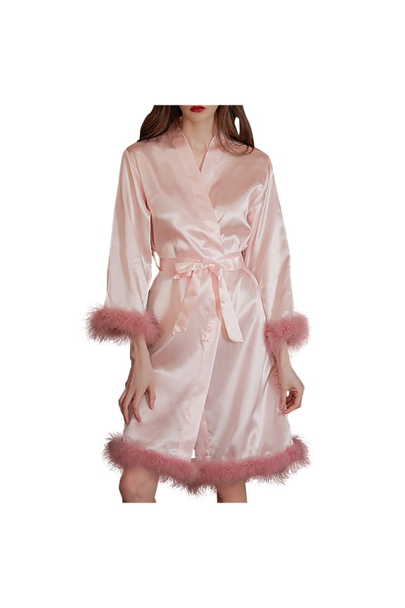Plus Size Women's Silk Satin Bathrobe,Long Robes for Women's House Robes,Womens Casual Feathers Silk Robe 3/4 Sleeve Bathrobe Morning Gown Loungewear Sleepwear