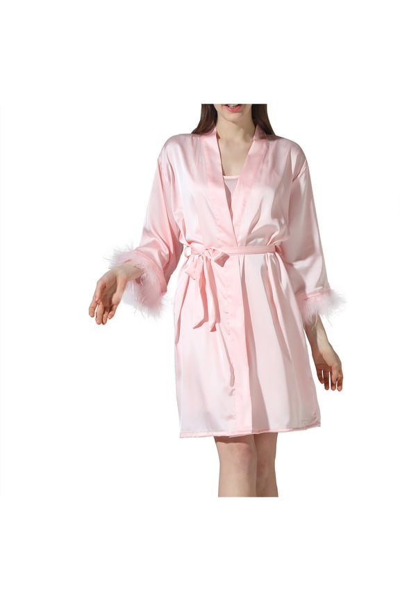 Plus Size Women's Silk Satin Bathrobe,Long Robes for Women's House Robes,Womens Casual Feathers Silk Robe 3/4 Sleeve Bathrobe Morning Gown Loungewear Sleepwear
