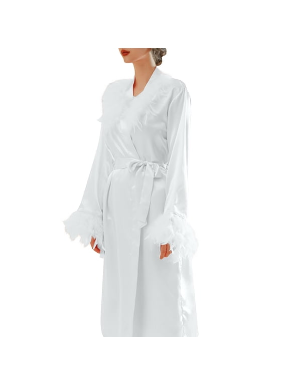 Plus Size Women's Silk Satin Bathrobe,Long Robes for Women's House Robes,Womens Fleece-Collar Feathers Long Length Satin Morning Gown Bridesmaid Robe Wedding Makeup Loungewear Wear