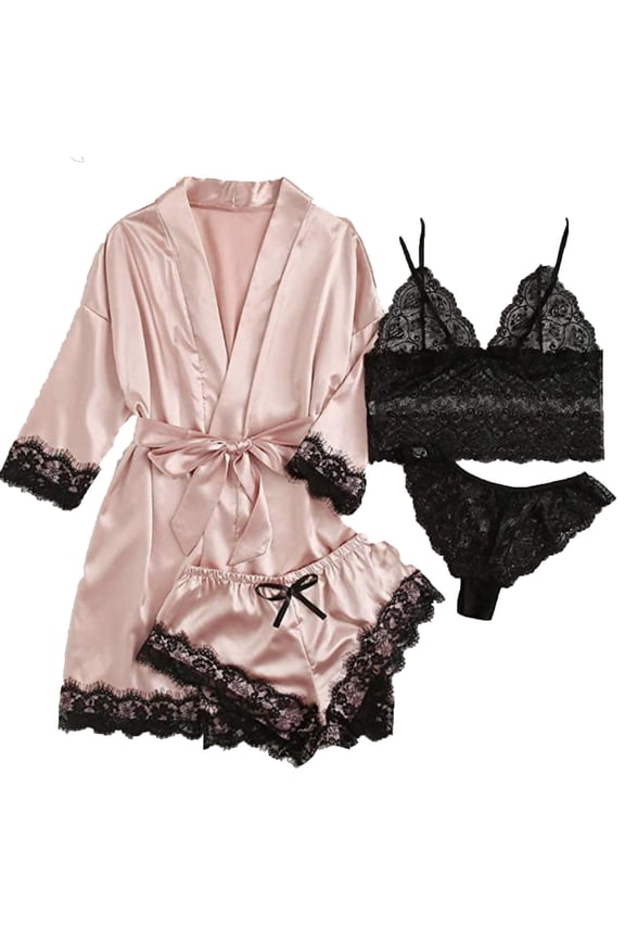 Plus Size Women's Silk Satin Bathrobe,Long Robes for Women's House Robes,Womens Heart Summer 4PC Set Lace Ice Fabric Camisole Dress and Robe Printed Sleepwear Loungewear Wear