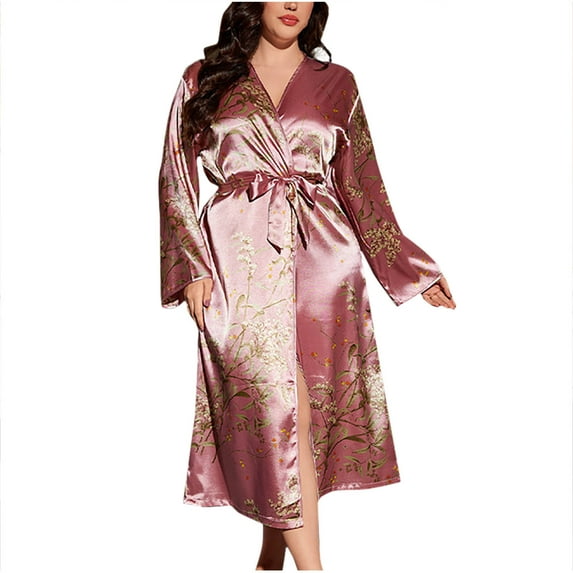 Agkizg Plus Size Women's Silk Satin Bathrobe,Long Robes for Women's House Robes,Womens Plus Size Casual Stylish Floral Print Satin-Like Robe Comfortable Pajamas Loungewear Wear