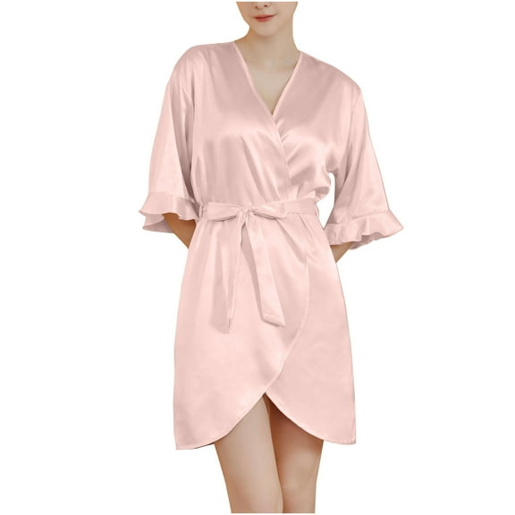 Agkizg Plus Size Women's Silk Satin Bathrobe,Long Robes for Women's House Robes,Womens Ruffled Sleeve Cool-Touch Short Robe with Waist Tie Sleepwear Loungewear Home Wear
