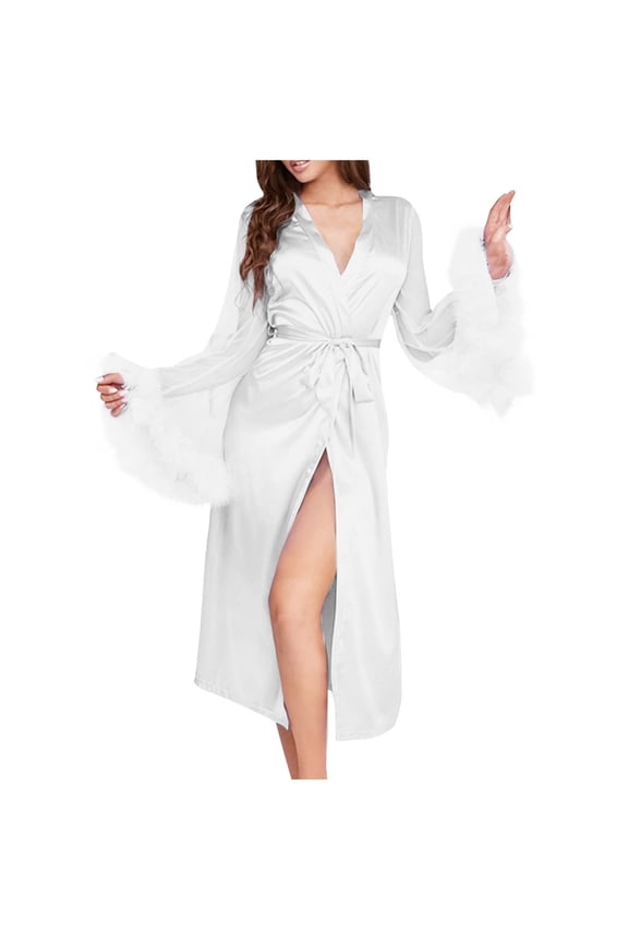 Plus Size Women's Silk Satin Bathrobe,Long Robes for Women's House Robes,Womens Solid Color Robe Feathers Mesh Panel with Waist Tie Pajamas Loungewear Home Wear