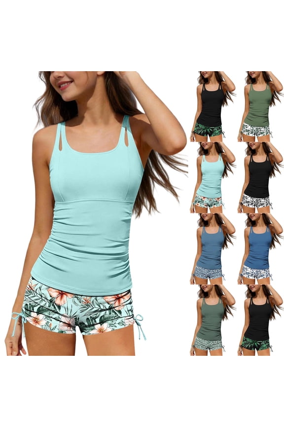 Print Adjustable Strap Tank Two Piece Swimsuit Set With Removable Pads Crew Neck for Surfing Beach Summer Activities Swimsuits (Girl or Girl Plus),Sizes 7-16 Years