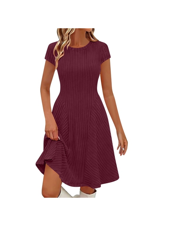 Ribbed Knit Short Sleeve Dress Crewneck Slim Fitting Solid Color Casual Summer Bodycon Midi Dress (Women's or Women's Plus),Sizes L
