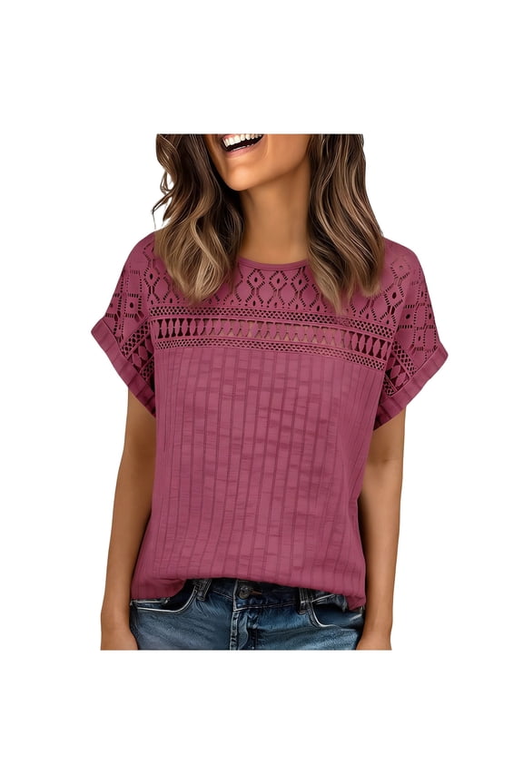 Ribbed Textured T-Shirt with Lace Insert, Women's Short Sleeve Slub Knit Relaxed Top, Fashion Casual Blouse, Soft Brushed Finish Tee