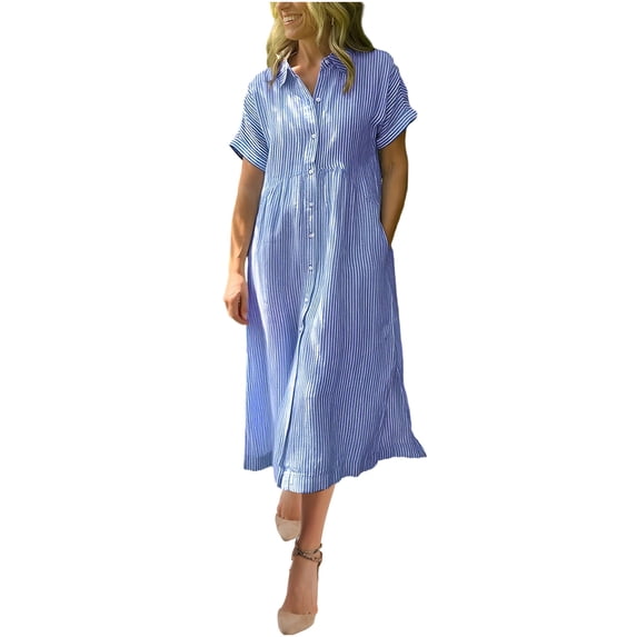 Agkizg Short Sleeve Collared Shirt Dress Button Front Striped Print Casual Summer Midi Dress (Women's or Women's Plus),Sizes XXXXXL