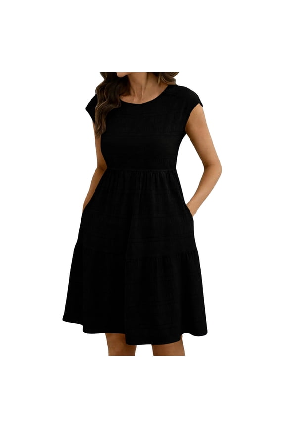 Sleeveless Knee Length Dress Smocked Top Cottagecore Solid Color Round Neck Casual Flowy Beach Sundress (Women's or Women's Plus),Sizes M