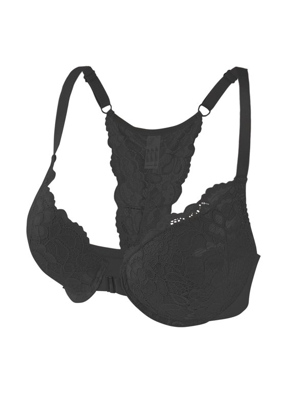 Solid Color Breathable Lace Bra Front Closure V-Neck Racerback Push Up Comfortable Everyday Wear Bralette (Women's or Women's Plus)