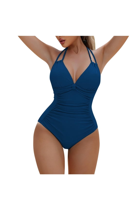 Solid Color One Piece Swimsuit,Ruched Backless Modest Slim Fitting Bathing Suits,Elegant Swimwear (Women's)
