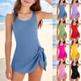 thumbnail image 1 of Agkizg Solid Color Sleeveless Tank One-Piece Swimsuit With Removable Pads Drawstring Crew Neck Protection Summer Wear Swimsuits (Girl or Girl Plus),Sizes 7-16 Years, 1 of 6