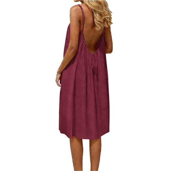 Agkizg Spaghetti Strap Open Back Dress Loose Fitting Solid Color Casual Summer Flowy Midi Sundress (Women's or Women's Plus),Sizes L