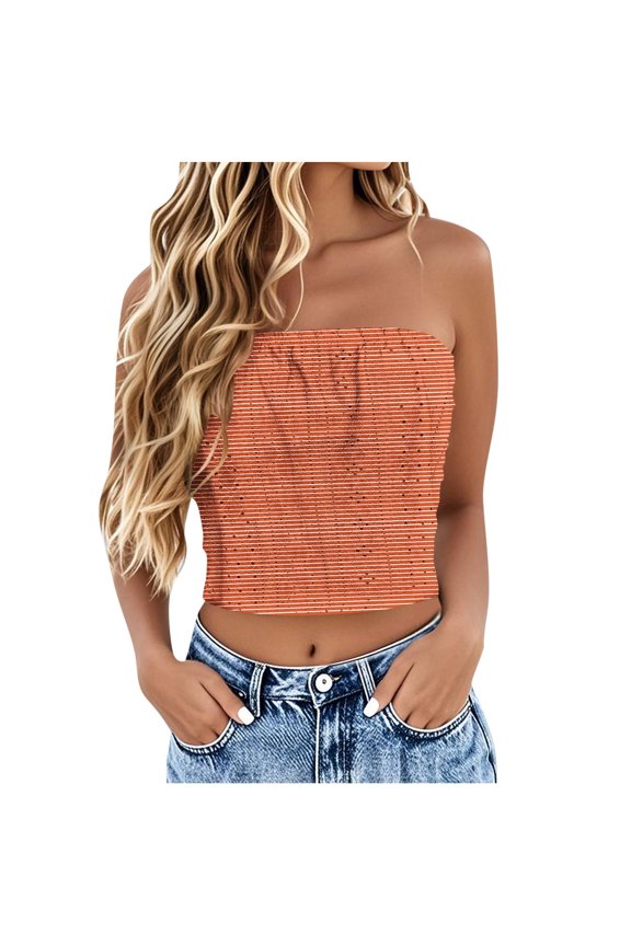 Stripe Printed Sleeveless Bandeau Bra Solid Color Strapless Seamless Bralette Soft Stretchy Everyday Layering Top (Women's or Women's Plus)