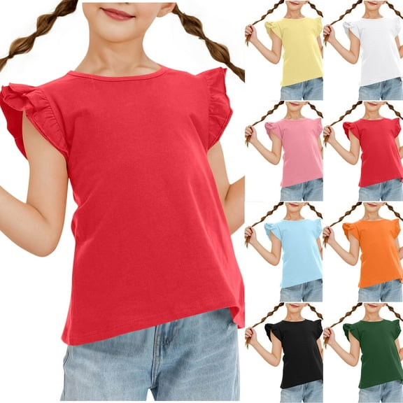 Agkizg Summer Girls Casual Tops Fashion Fly Sleeve Tops Round Neck Solid Color T Shirts Loose Fitting Cute Kids Clothes Tops