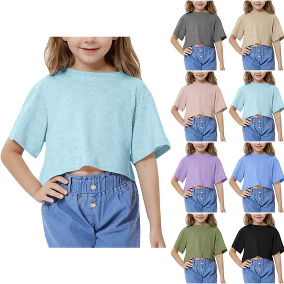 Agkizg Summer Girls Casual Tops Fashion Short Sleeve Tees Round Neck Solid Color T Shirts Loose Fitting Cute Kids Clothes Tops
