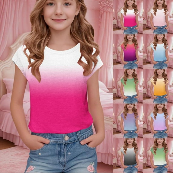 Agkizg Summer Girls Casual Tops Fashion Short Sleeve Tops Round Neck Stripe Color T Shirts Loose Fitting Cute Kids Clothes Tops