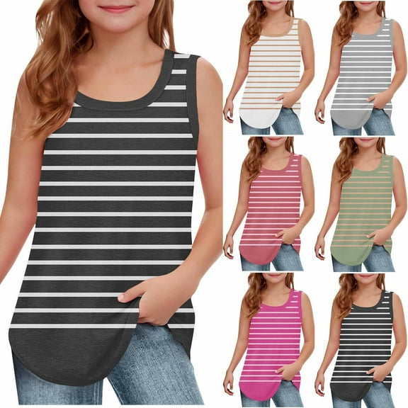 Agkizg Summer Girls Casual Tops Fashion Sleeveless Tank Tops Round Neck Stripe Color T Shirts Loose Fitting Cute Kids Clothes Tops
