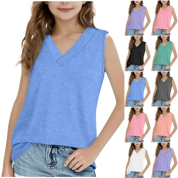 Agkizg Summer Girls Casual Tops Fashion Sleeveless Tank Tops V-Neck Solid Color T Shirts Loose Fitting Cute Kids Clothes Tops