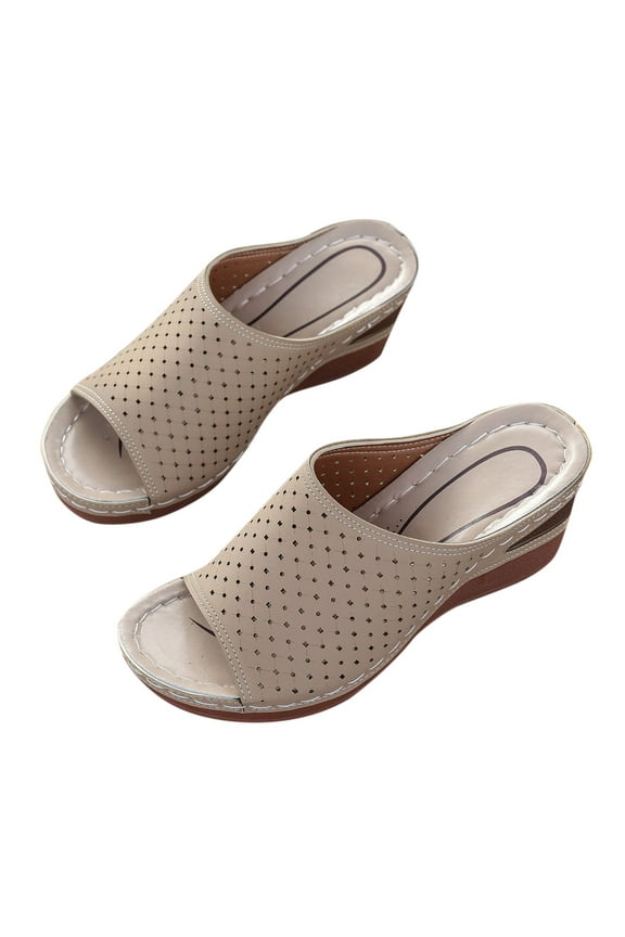 Summer Wedge Sandals for Women Open Toe Thick Soles Slide Sandals Casual Slippers Beach Sandals Comfortable Shoes Beige, Size 6